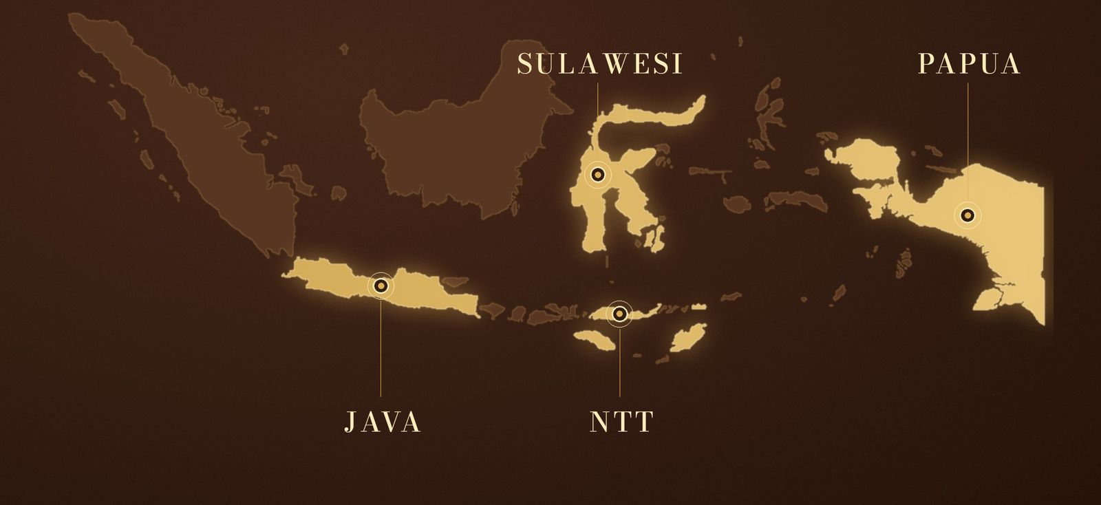 Map of Indonesia marking Vanderlyn's sourcing regions: Java, Sulawesi, Nusa Tenggara Timur and Papua